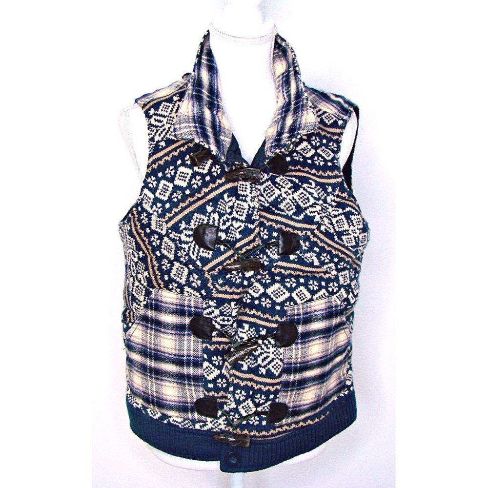 Lucky Brand Knit Sweater Flannel Plaid Lined Padded Vest Conical Buttons Large